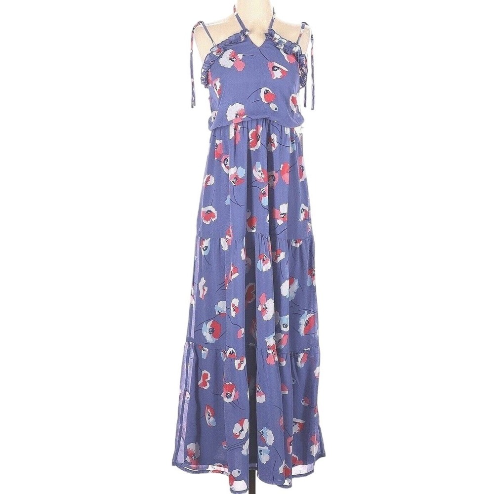 Jessica Simpson Periwinkle Floral Ruffle Tiered Spaghetti Strap Maxi Dress Small